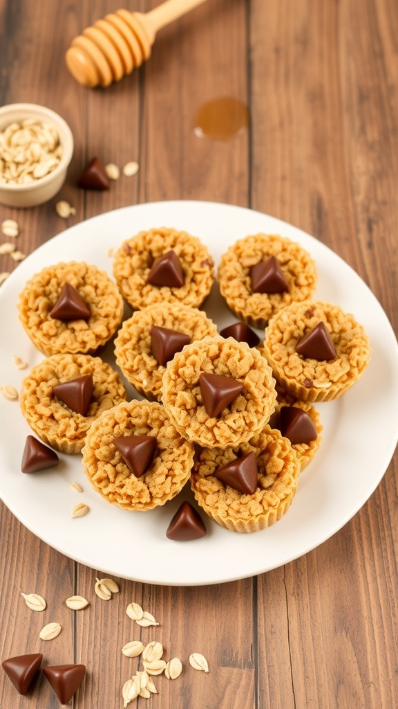 A plate of peanut butter oat cups with chocolate chips, on a rustic wooden table.